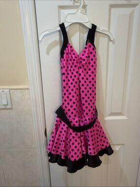 Dance costume- Kelle Hot Pink Polka Dot Ruffle Dress with Black Trim